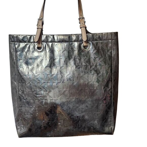 Michael Kors Gray MK Metallic Tote Bag - Picture 3 of 12